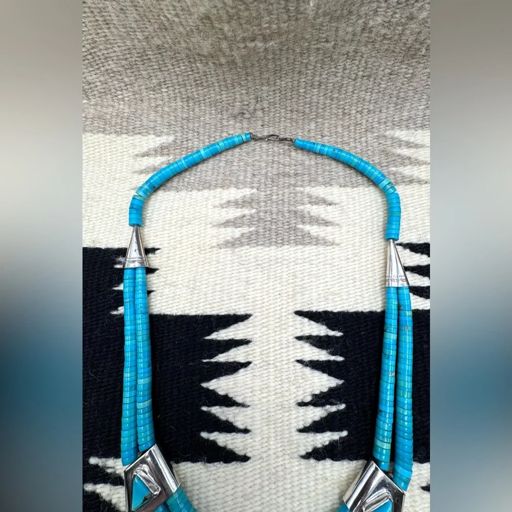 Santo Domingo Native American Sterling Silver Turquoise Cross Pendant Necklace - Picture 5 of 7